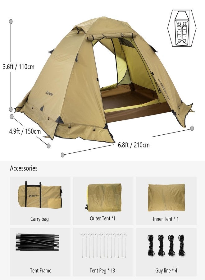 BISINNA 4 Season Tent for Backpacking Winter Tents 2 Person Lightweight Cold Weather Tents Waterproof Double Layer All Season Tent Aluminum Alloy Poles Easy Set Up for Camping, Hiking, Outdoor (Brown) - Image 2