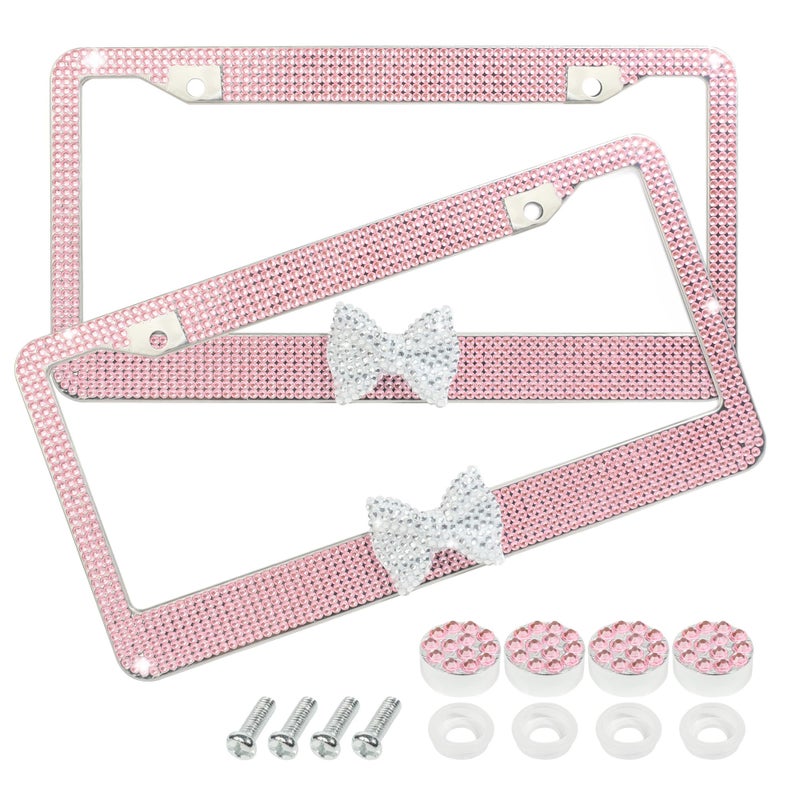 bylikeho License Plate Frame,Cute Car Accessories Stainless Steel Crystal Car Plate Covers,Shiny Rhinestones Premium License Plate Holder with Mounting Bolts,License Plate Frames (Pink&White) - Image 1