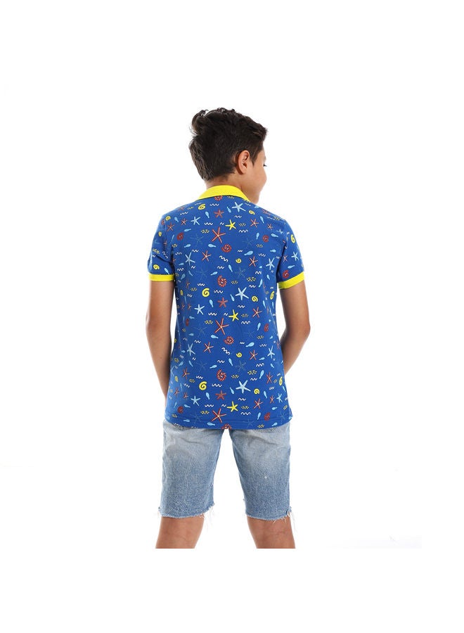 Andora Short Sleeves Sea Creatures Polo Shirt-Blue & Yellow  - Image 3