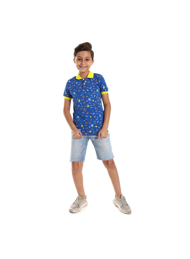 Andora Short Sleeves Sea Creatures Polo Shirt-Blue & Yellow  - Image 1