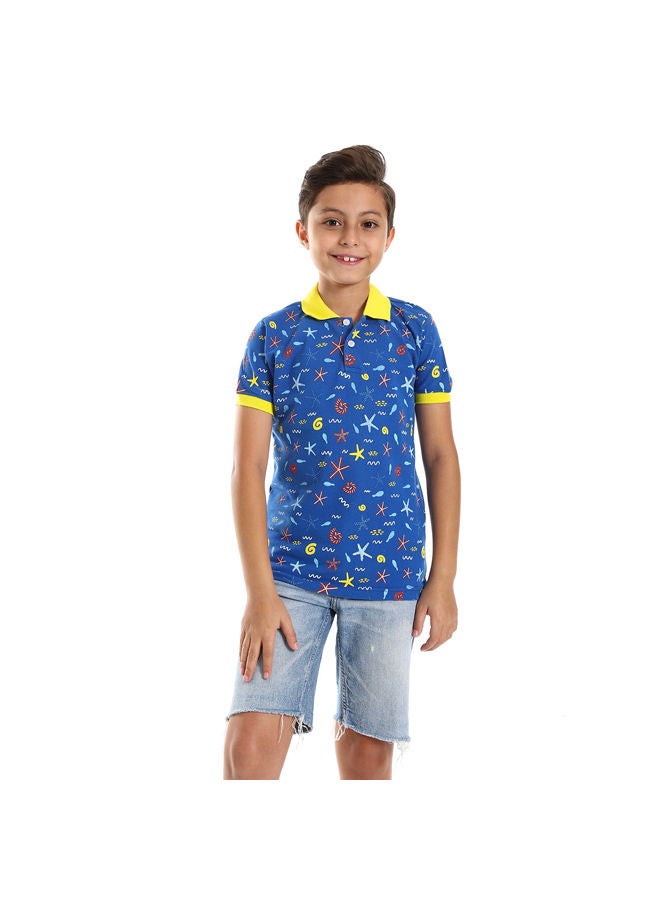 Andora Short Sleeves Sea Creatures Polo Shirt-Blue & Yellow  - Image 2