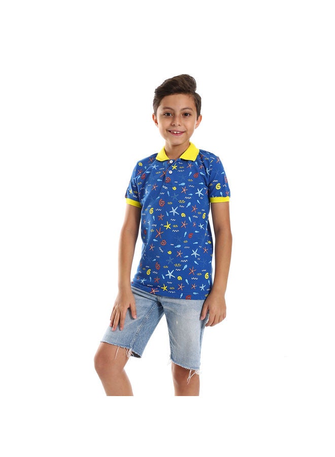 Andora Short Sleeves Sea Creatures Polo Shirt-Blue & Yellow  - Image 4