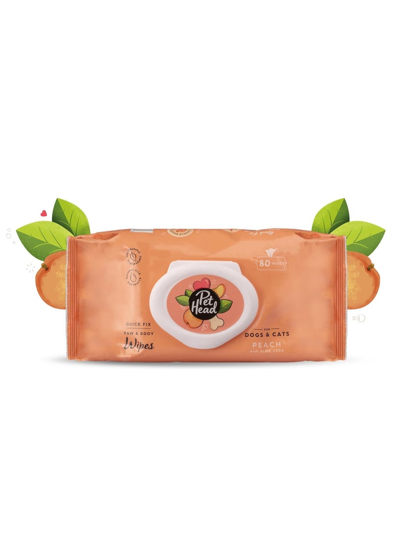 PET HEAD Quick Fix Paw and Body Wipes for Cats and Dogs Peach Scent with Aloe Vera Biodegradable Pet Hygiene Cleaning Wipes pH Neutral Vegan For an Easy and Speedy Freshen Up 80 pack  - Image 1