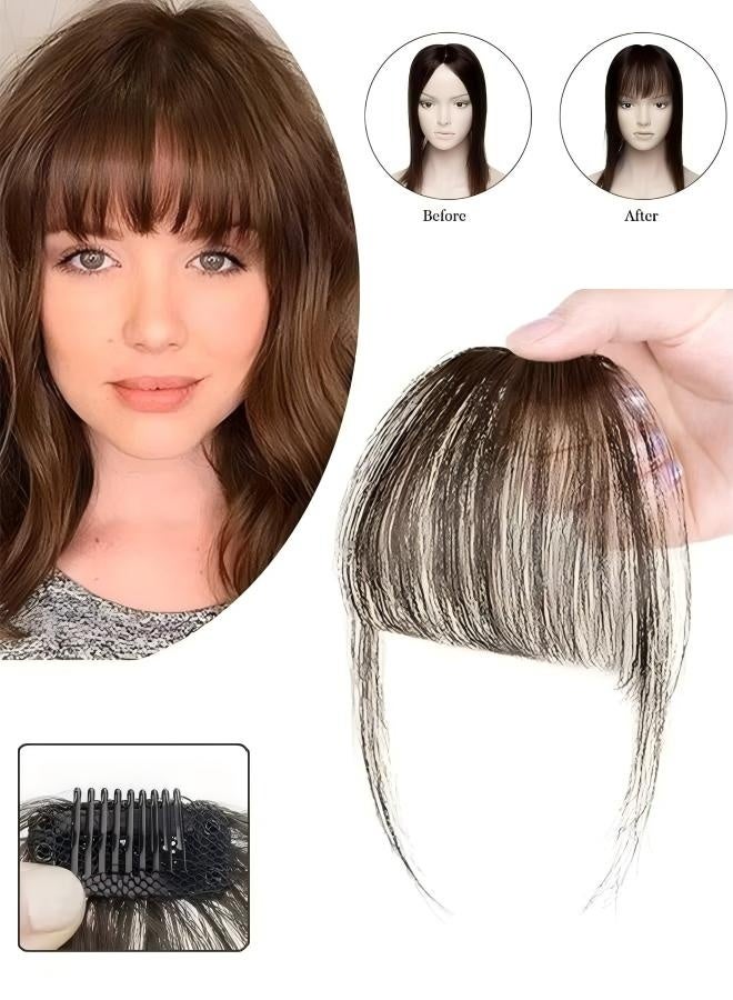 شعر غرة هوائية بمشبك، شعر غرة جانبية مزدوجة مع صدغين، شعر رفيع من قطعة واحدة، غرة هوائية بمشبك، وصلات شعر للنساء والفتيات (بني فاتح) - Image 1