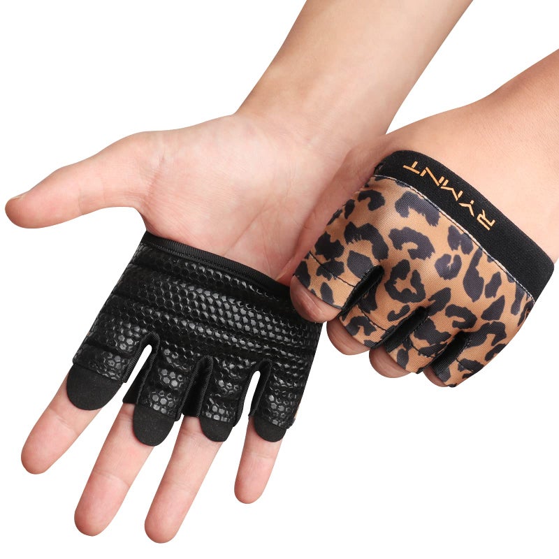 RYMNT Minimal Workout Gloves,Short Micro Weight Lifting Gloves Grip Pads with Full Palm Protection & Extra Grip for Men Women Weightlifting,Gym,Cross Training,Powerlifting,WODs.Leopard-Large - Image 1