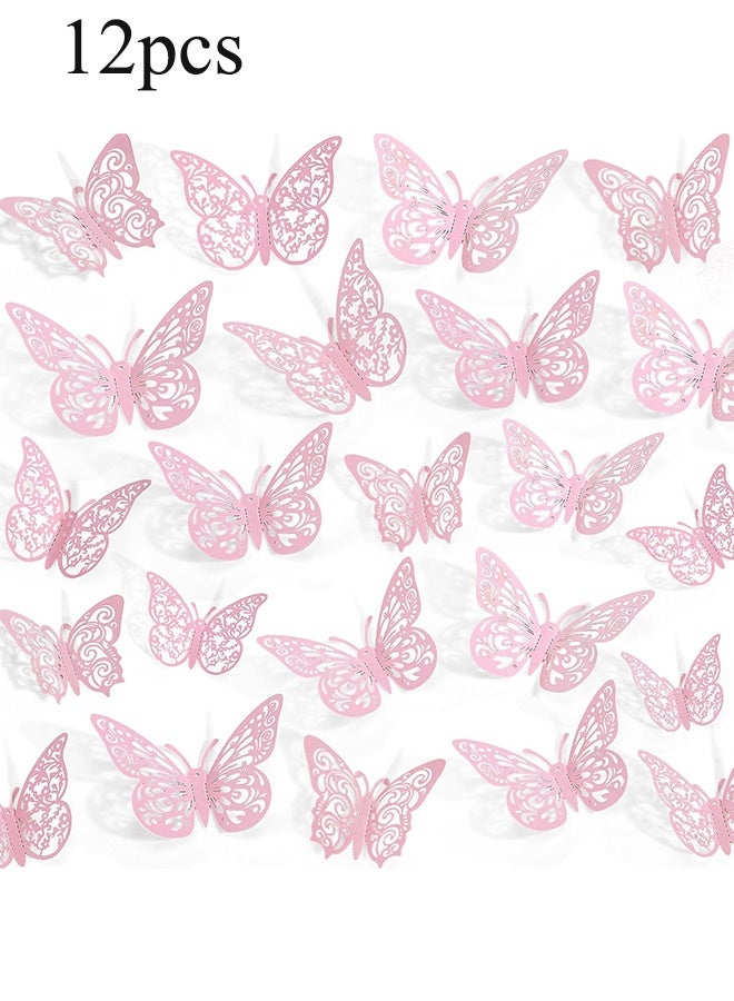 واي جيه ديكور جدار الفراشة الوردي الأنيق ثلاثي الأبعاد -12 قطعة، 3 أحجام، نهاية غير لامعة ناعم، تصميم مجوف، سهولة لصق وإزالة -رومانسية وجمالية ديكور جدار DIY للمنازل، غرفة النوم، حضانة وأحدث - Image 1