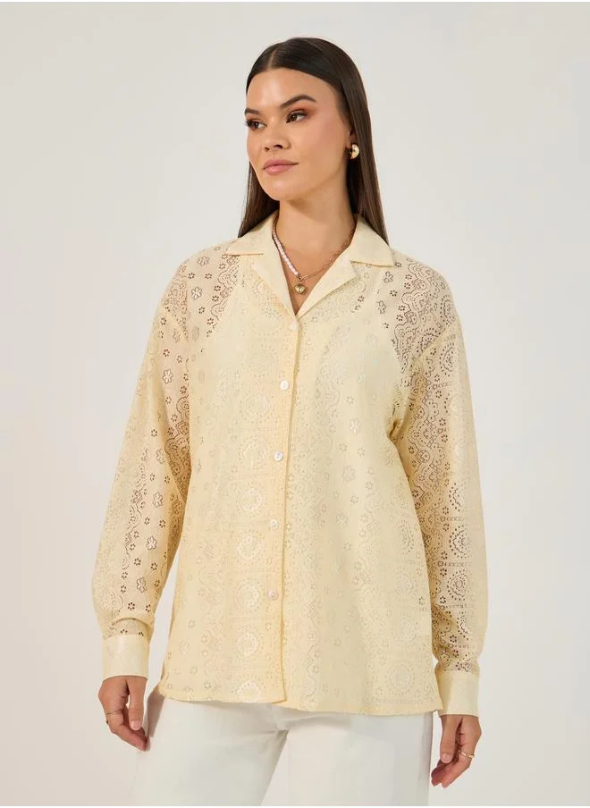 ستايلي Styli Slef Design lace Long Sleeve Collar SHIRT