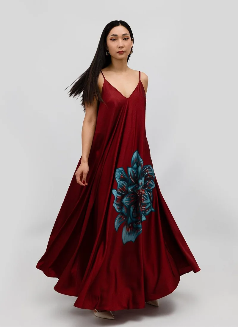 Wine Blue Rose Satin Mariella Dress