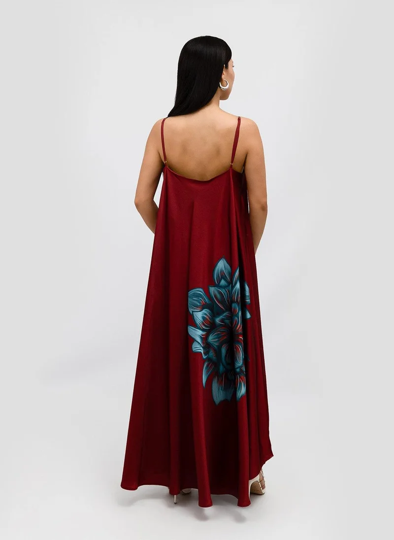 جانارا جونز Wine Blue Rose Satin Mariella Dress