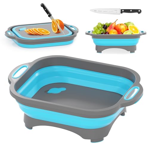 HI NINGER Collapsible Cutting Board,HI NINGER Camping cutting board with knife,Multifunctional Kitchen Vegetable Washing Basket Silicone Dish Tub for Camping Kitchen essentials/bbq prep tub/rv accessories - Image 1