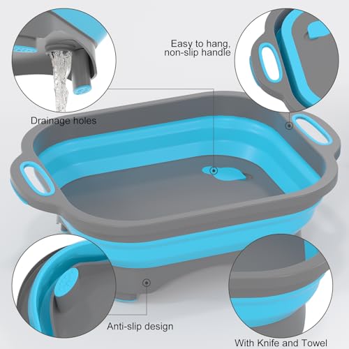 HI NINGER Collapsible Cutting Board,HI NINGER Camping cutting board with knife,Multifunctional Kitchen Vegetable Washing Basket Silicone Dish Tub for Camping Kitchen essentials/bbq prep tub/rv accessories - Image 5