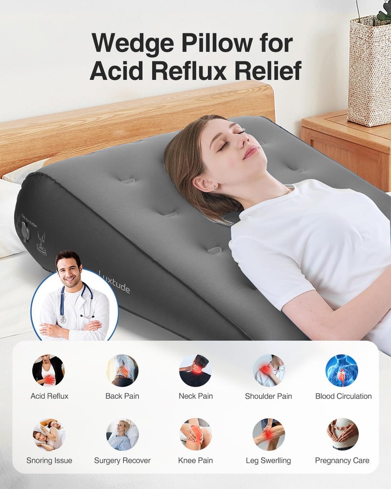 Luxtude Inflatable Wedge Pillow for Traveling, Bed Wedge Pillow for Sleeping, Acid Reflux Relief, Adjustable Travel Wedges Pillows for Sleep Apnea, Post-Surgery, Snoring, Back & Leg Support (Gray) - Image 4