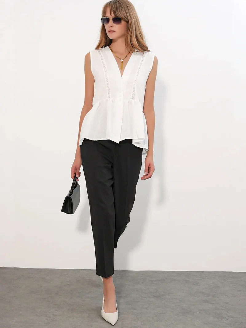 Big Dart White BDART Sleeveless V-neck Blouse With Button Front for Women | Best Price UAE
