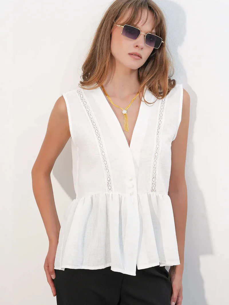 Big Dart White BDART Sleeveless V-neck Blouse With Button Front for Women | Best Price UAE
