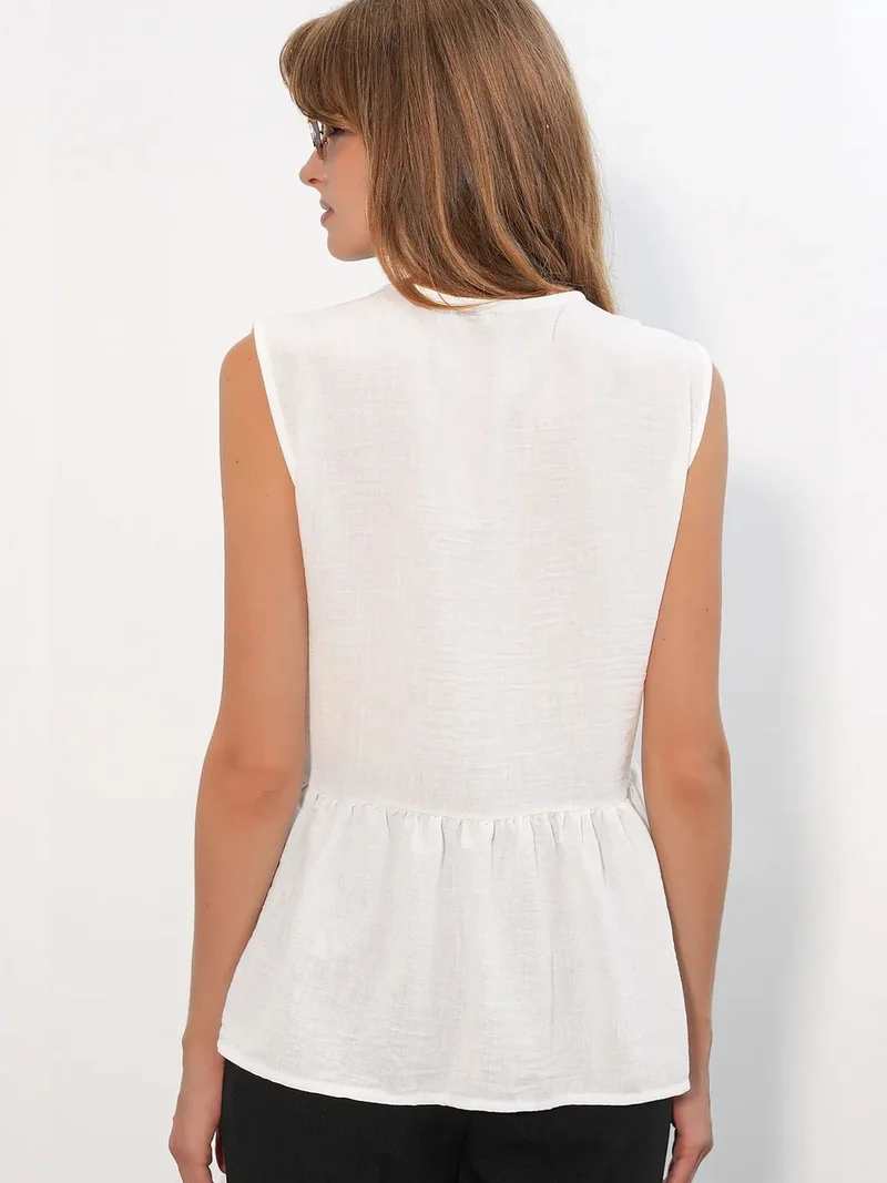 Big Dart White BDART Sleeveless V-neck Blouse With Button Front for Women | Best Price UAE