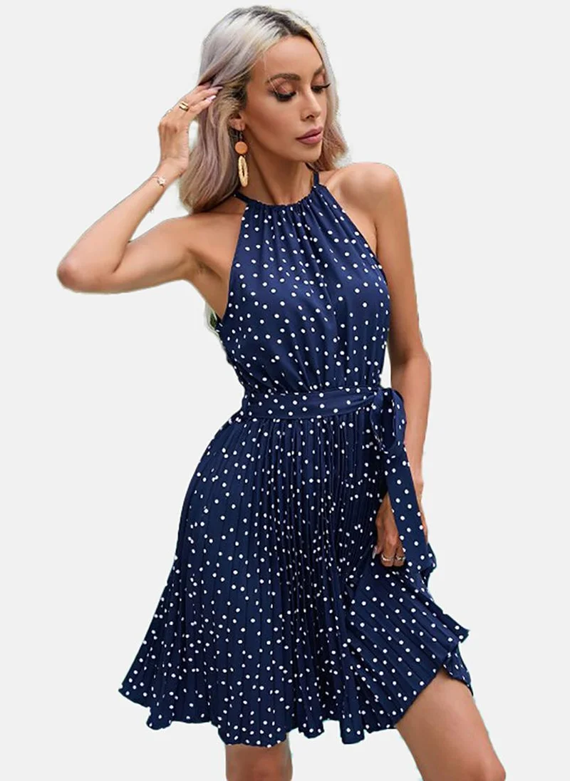 يونيكي Navy Blue Polka Dot Print Fit & Flare Dress