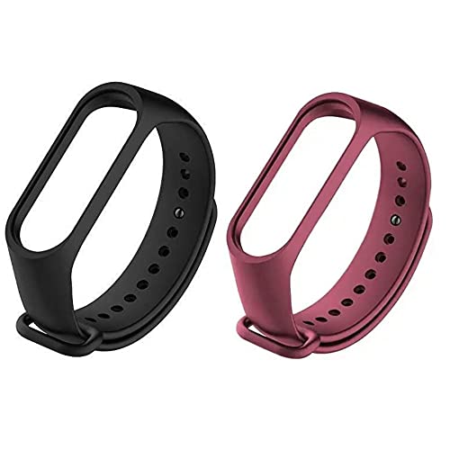 INEFABLE® Mi Band 3 & 4 Straps Silicon Wristband Band Straps for Original M3 & M4 Bands with One Year Warranty (Black & Wine, Pack of 2) - Image 1