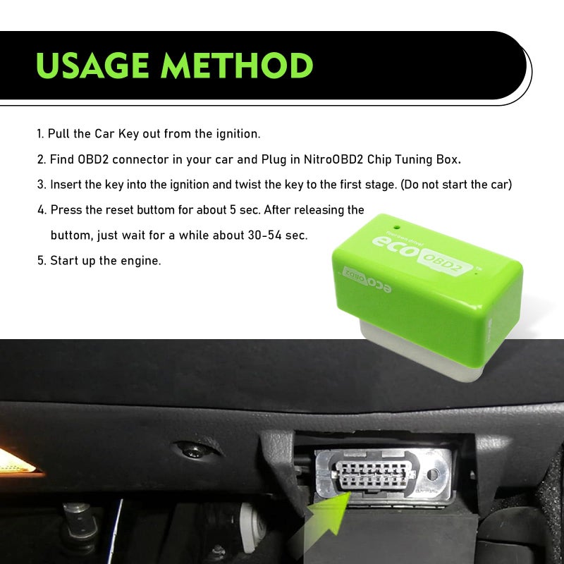 Pinflaw 2 قطعة ترقية طاقة السيارات توفير الوقود Obd2 Ecoobd2 قابس السيارات والسائق لوحة واحدة ملحقات توفير الطاقة للسيارات عالمية لمعظم السيارات (أخضر) - Image 3
