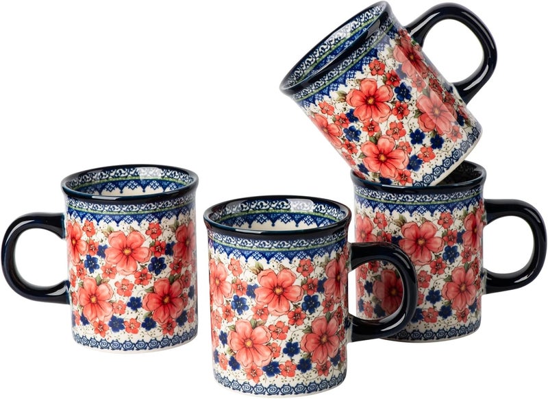 ONECCI Ceramic Latte Mug Set of 4 155oz Hand Painted Porcelain Coffee Cups With Handle for TeaMilkCocoa  Modern Retro Design For Any Kitchen Microwave and Dishwash Safe Snow and Plum - Image 1