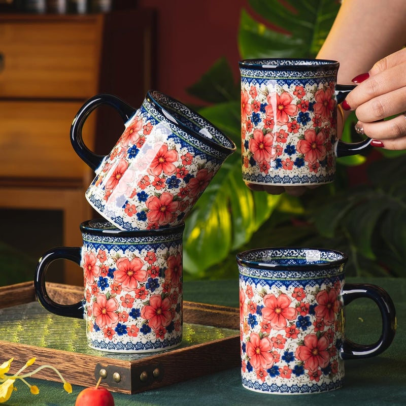 ONECCI Ceramic Latte Mug Set of 4 155oz Hand Painted Porcelain Coffee Cups With Handle for TeaMilkCocoa  Modern Retro Design For Any Kitchen Microwave and Dishwash Safe Snow and Plum - Image 3