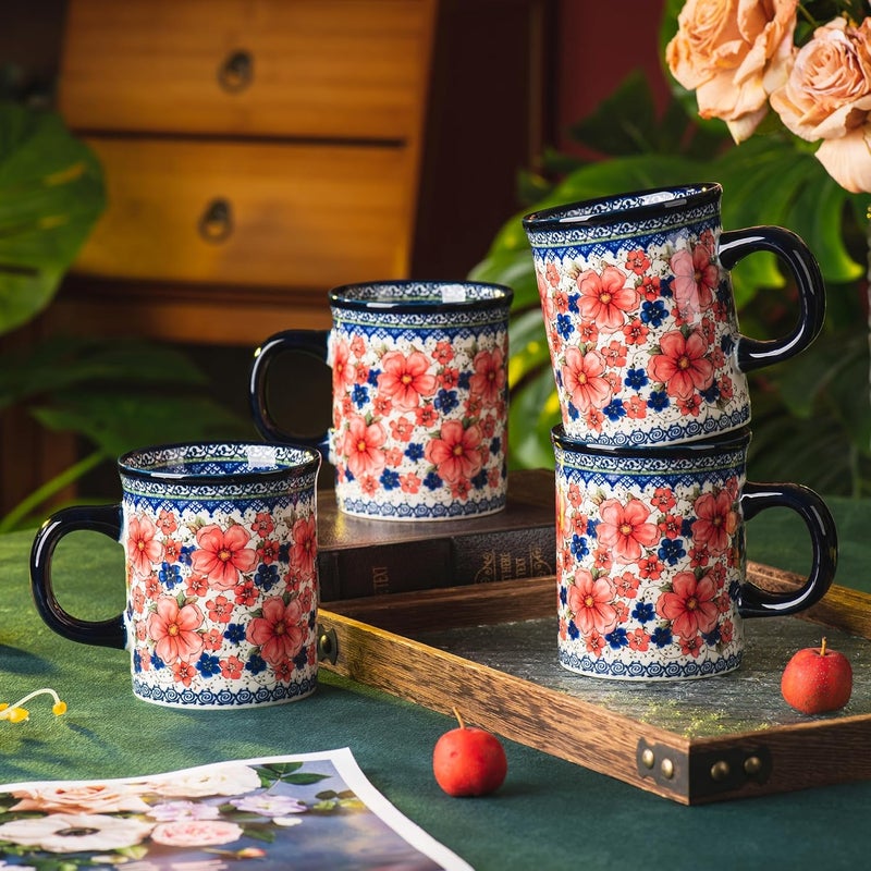ONECCI Ceramic Latte Mug Set of 4 155oz Hand Painted Porcelain Coffee Cups With Handle for TeaMilkCocoa  Modern Retro Design For Any Kitchen Microwave and Dishwash Safe Snow and Plum - Image 4
