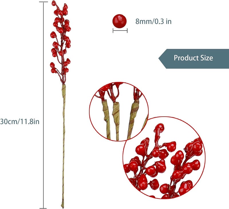Greentime 16 Pack Artificial Red Berry Stems Holly for Christmas Tree Decorations for New Year's Eve Decor, Holiday and Home Crafts for Fall Thanksgiving Day - Image 2