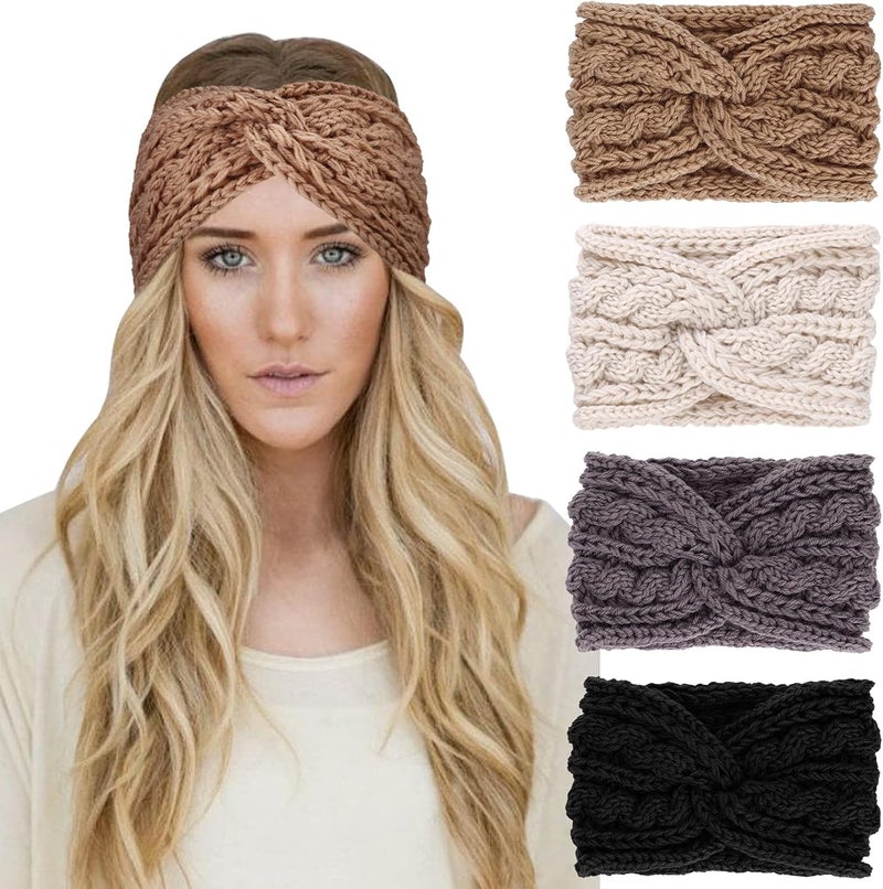 DRESHOW Winter Knit Chunky Headbands for Women Crochet Turban Knitted Ear Warmer Head Wrap Winter Accessories 4 Pack - Image 1