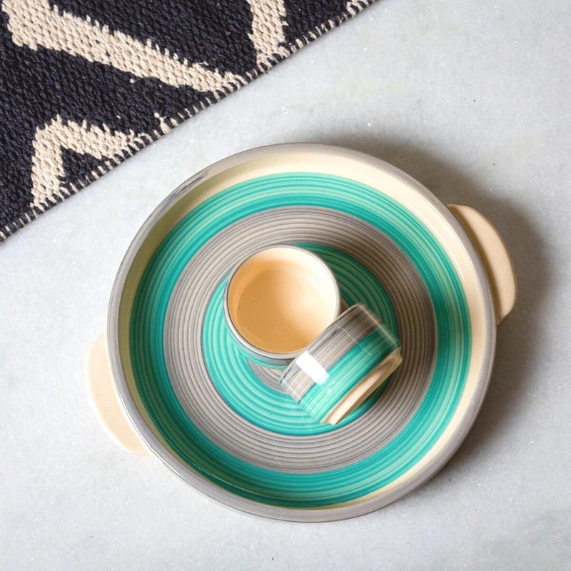 JASMEY HOMES Ocean Ceramic Platter with 2 Small dip Bowls Serving PlatePizza Platter Microwave Safe Round Plate - Image 1