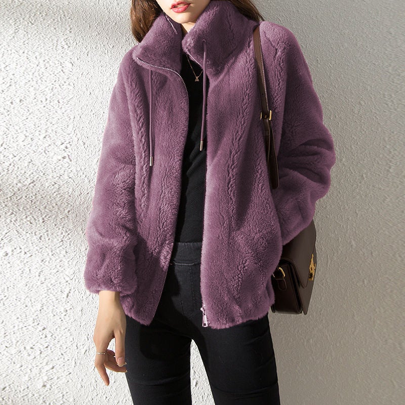Womens Fashionable Coat Ins Winter fleece-lined Thickened Double-sided Fleece Vertical Collar Warm Sweater Womens Cardigan Zipper Fleece Green - Image 3
