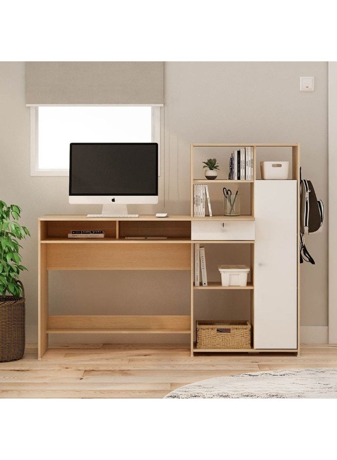 DANUBE HOME Estonia Study Desk With 1 Door And Drawer+Shelves | Computer Table Office Desk Workstation | Modern PC Laptop Gaming Table | Wooden Study Table For Home Office L140xW45xH114.6cm-White/Oak - Image 3