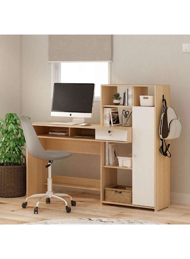DANUBE HOME Estonia Study Desk With 1 Door And Drawer+Shelves | Computer Table Office Desk Workstation | Modern PC Laptop Gaming Table | Wooden Study Table For Home Office L140xW45xH114.6cm-White/Oak - Image 2