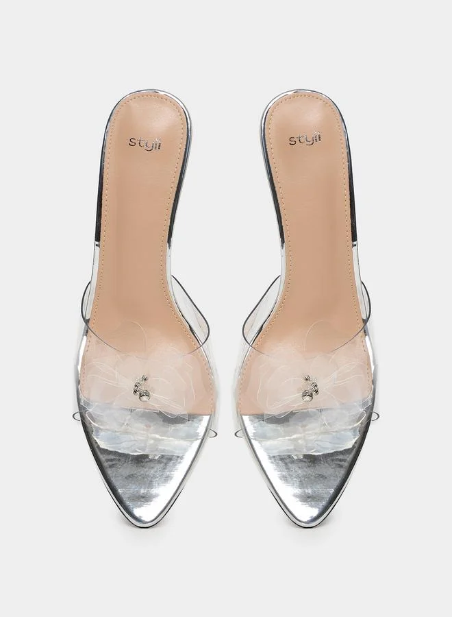 Styli Silver Silver Clear Strap Embellished Mules for Women | Best Price UAE