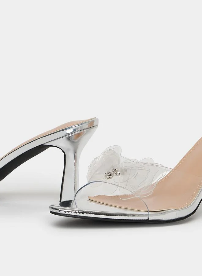 Styli Silver Silver Clear Strap Embellished Mules for Women | Best Price UAE
