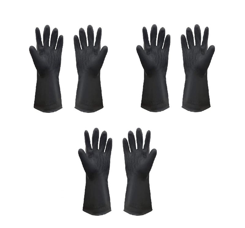 Ekon Pack of 3 Silicon Latex Non Slip Multipurpose Heavy Duty Reusable Safety Rubber Hand Gloves For House Hold Home Dish Utensils Car Washing Kitchen Bathroom Toilet Tiles Cleaning Men Women Black - Image 1