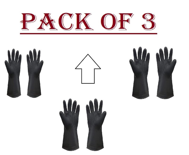 Ekon Pack of 3 Silicon Latex Non Slip Multipurpose Heavy Duty Reusable Safety Rubber Hand Gloves For House Hold Home Dish Utensils Car Washing Kitchen Bathroom Toilet Tiles Cleaning Men Women Black - Image 2