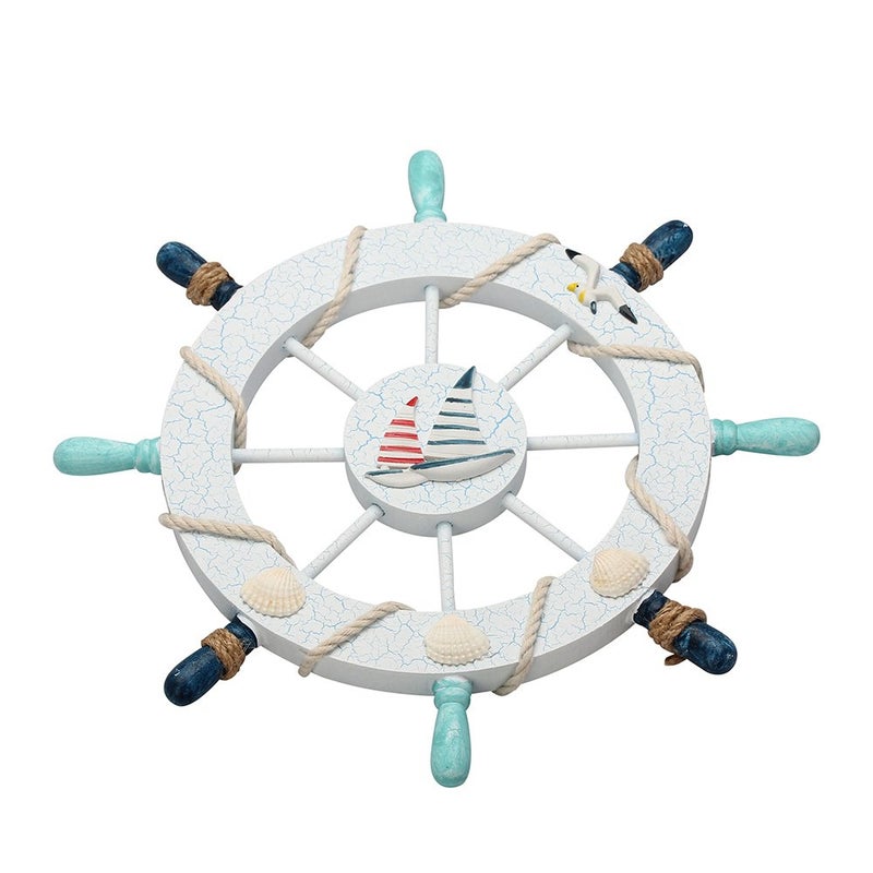 Rienar Nautical Ship Steering Wheel - 11" Diameter Wooden Beach Home Wall DÃ©cor With Fishing Net/Shell/Fish/Starfish/Seagull - Image 3