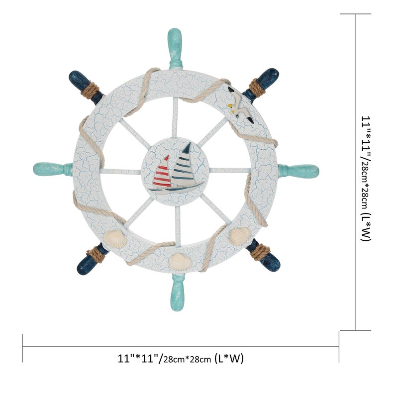 Rienar Nautical Ship Steering Wheel - 11" Diameter Wooden Beach Home Wall DÃ©cor With Fishing Net/Shell/Fish/Starfish/Seagull - Image 2