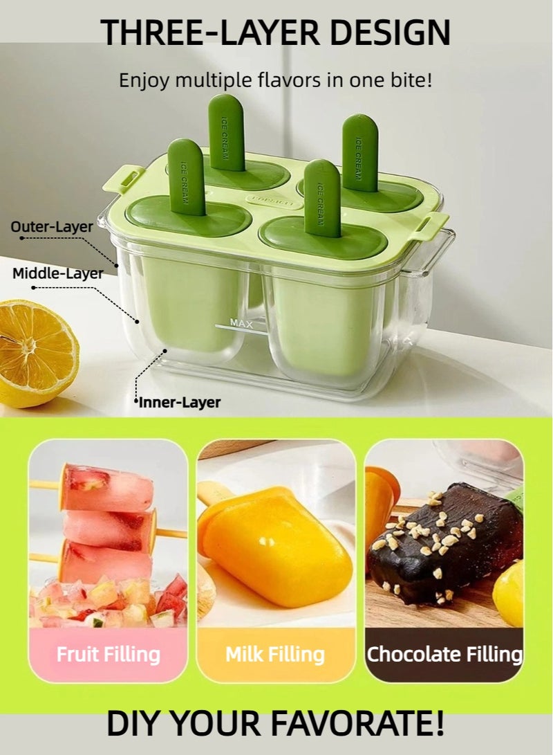 UrbanNest 4 Pcs Ice Cream Mold for Double-Layer Popsicles, with Lid and Stick, Reusable DIY Ice Cream Maker, Green - Image 2