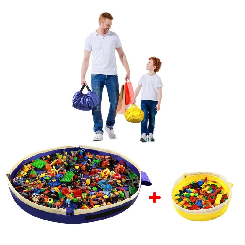 SUMBABO Toy Storage Mat Bag by Drawstring for Lego - Play Mat Bag Toy Storage Container for Kids with Cap can as Gift (2Pcs = Big Blue + Mini Yellow) - Image 1