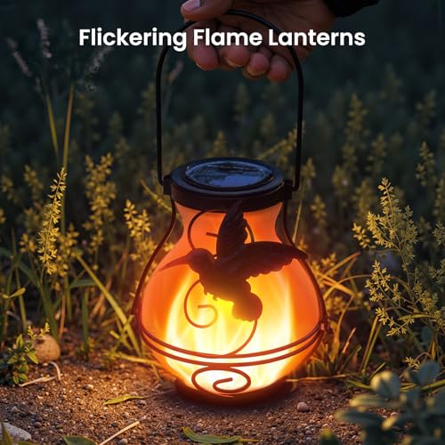 X-PREK 2 Pack Solar Lanterns Outdoor Waterproof Flickering Flame Lights Hummingbird Metal Hanging Solar Lantern Patio Porch Garden Decoration - Image 3