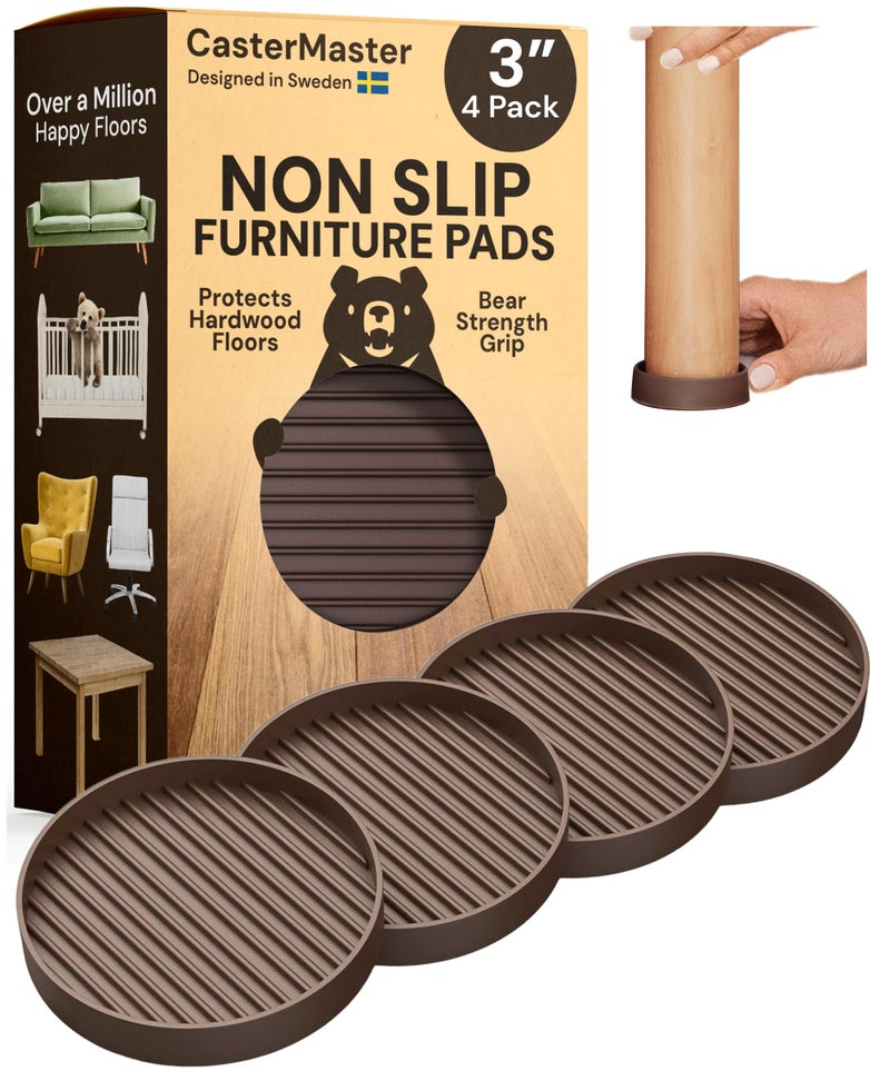 CasterMaster Non Slip Furniture Pads for Hardwood Floors  Circular Brown 3 x 3  4 Pack  Round Furniture Cups  Chair Leg Floor Protectors for ScratchFree Floors  Non Slip Caster Cups