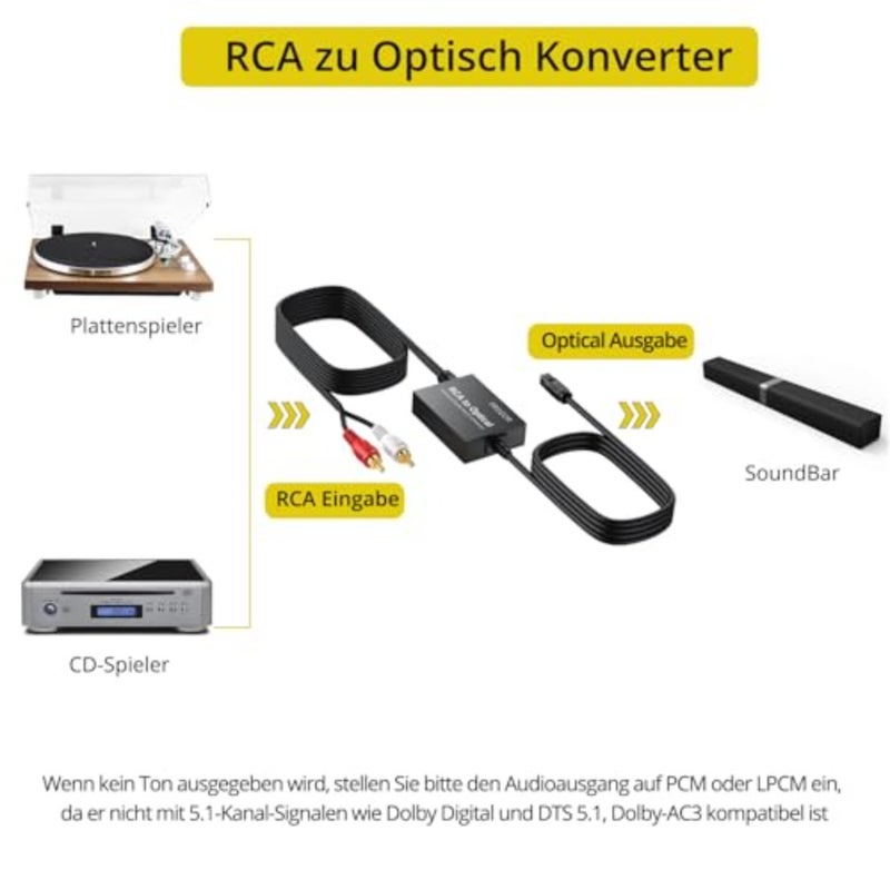 محول RCA إلى بصري لمشغلات التسجيل ومشغلات الأقراص المضغوطة ومكبرات الصوت ومحول الصوت الرقمي التناظري، أسود، تصميم مضغوط مع RCA 1.1 متر/ بصري 1 متر - Image 5