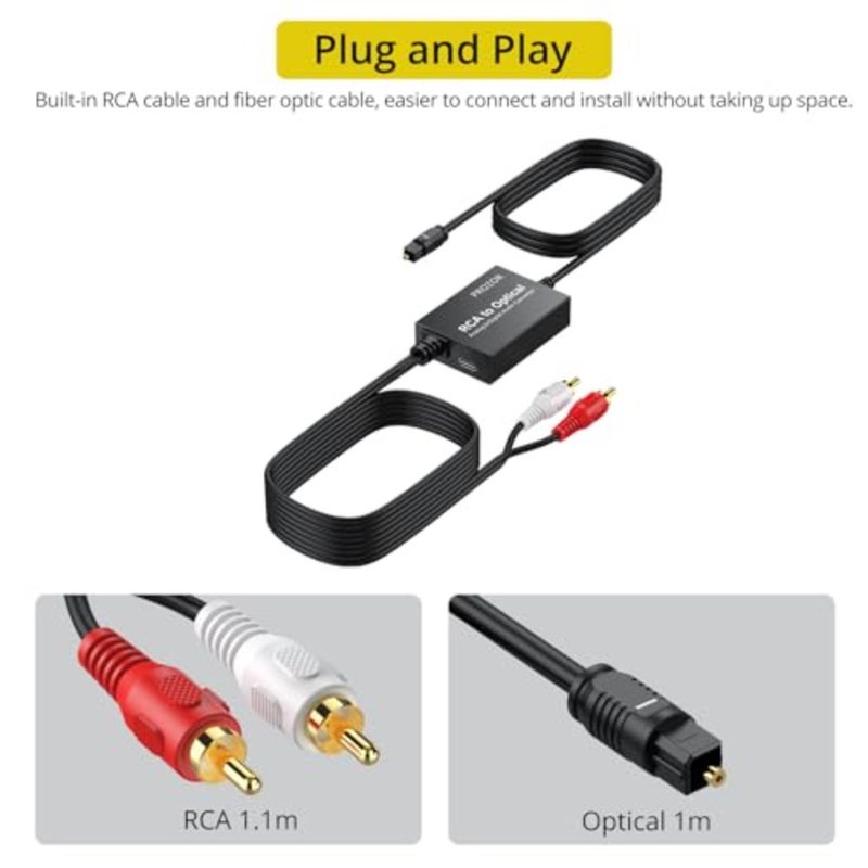 محول RCA إلى بصري لمشغلات التسجيل ومشغلات الأقراص المضغوطة ومكبرات الصوت ومحول الصوت الرقمي التناظري، أسود، تصميم مضغوط مع RCA 1.1 متر/ بصري 1 متر - Image 3