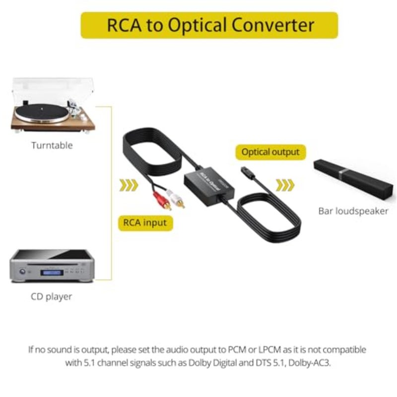 محول RCA إلى بصري لمشغلات التسجيل ومشغلات الأقراص المضغوطة ومكبرات الصوت ومحول الصوت الرقمي التناظري، أسود، تصميم مضغوط مع RCA 1.1 متر/ بصري 1 متر - Image 2