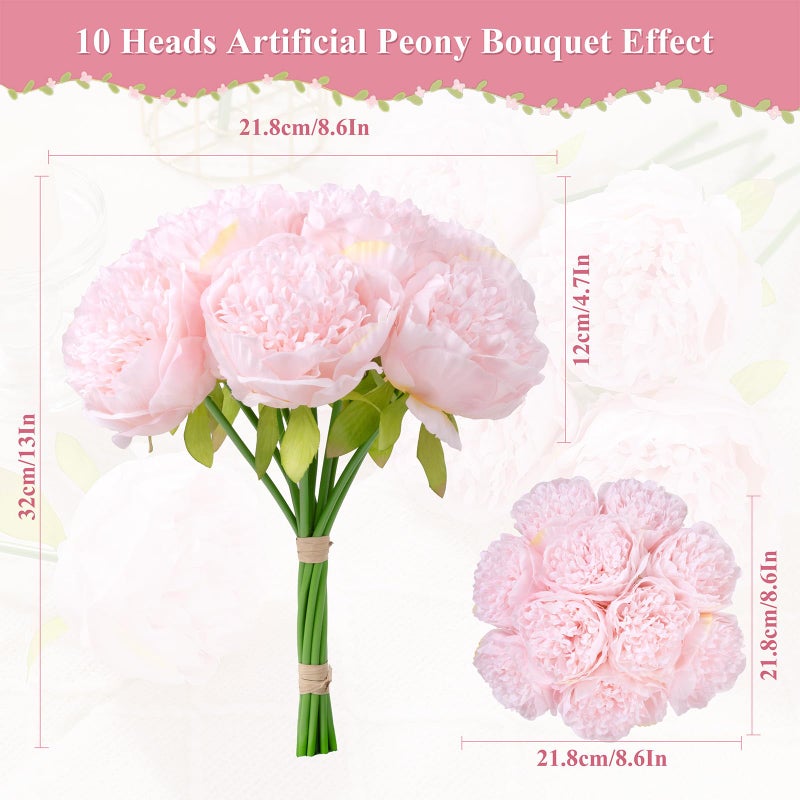 U'Artlines 2 Bouquet 10 Heads Artificial Peony Silk Flower Leaf Home Office Wedding Party Festival Bar Decor (Light Pink) - Image 2