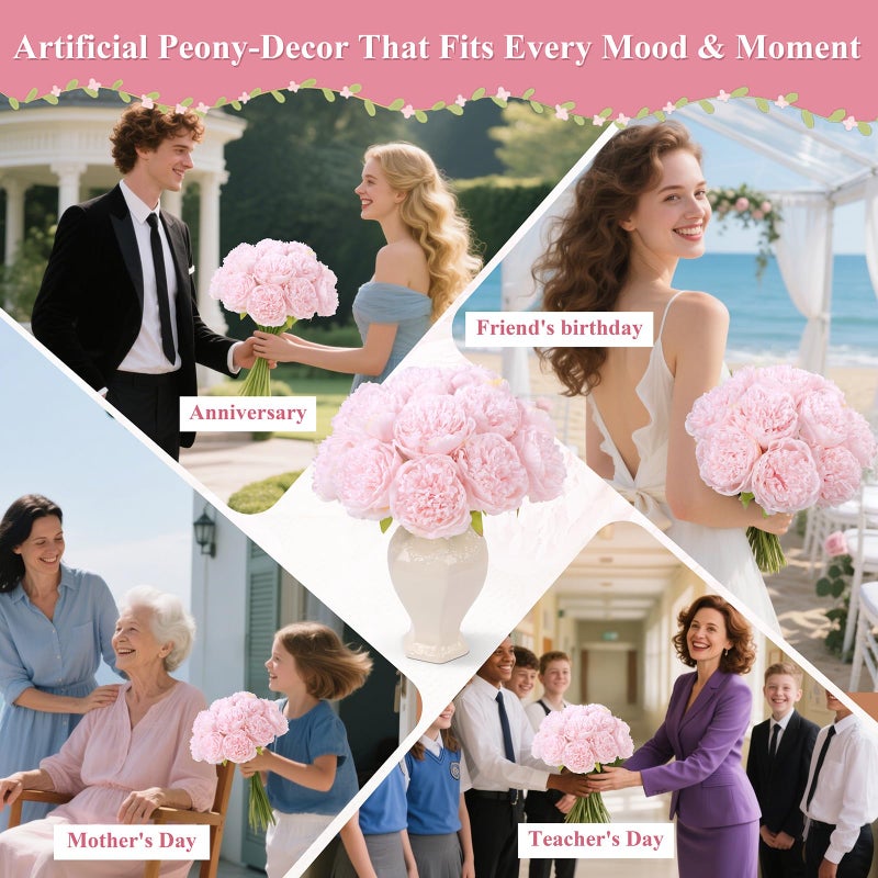 U'Artlines 2 Bouquet 10 Heads Artificial Peony Silk Flower Leaf Home Office Wedding Party Festival Bar Decor (Light Pink) - Image 5