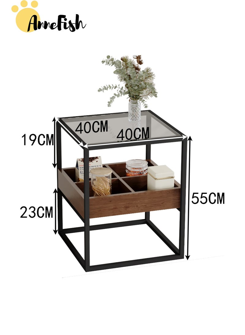 آن فش طاولة قهوة بجانب السرير من طبقتين مع سطح من الزجاج المقوى وطاولة تخزين متعددة الوظائف مع حجرة وطاولة أريكة وطاولة جانبية وطاولة خدمة وطاولة بجانب السرير - Image 2