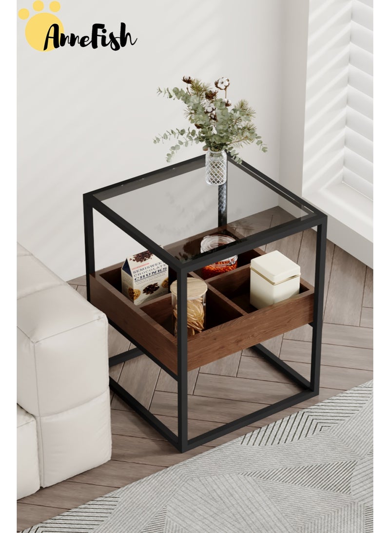 آن فش طاولة قهوة بجانب السرير من طبقتين مع سطح من الزجاج المقوى وطاولة تخزين متعددة الوظائف مع حجرة وطاولة أريكة وطاولة جانبية وطاولة خدمة وطاولة بجانب السرير - Image 1