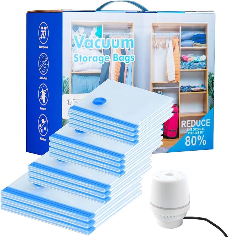 AMINAC 16 Packs Vacuum Storage Bags with Electric Pump(4 Jumbo, 4 Large, 4 Medium, 4 Small), 7 Micron Thickness, Vacuum Sealer Bags for Clothes, Travel, Blue Color Gift Box - Image 1