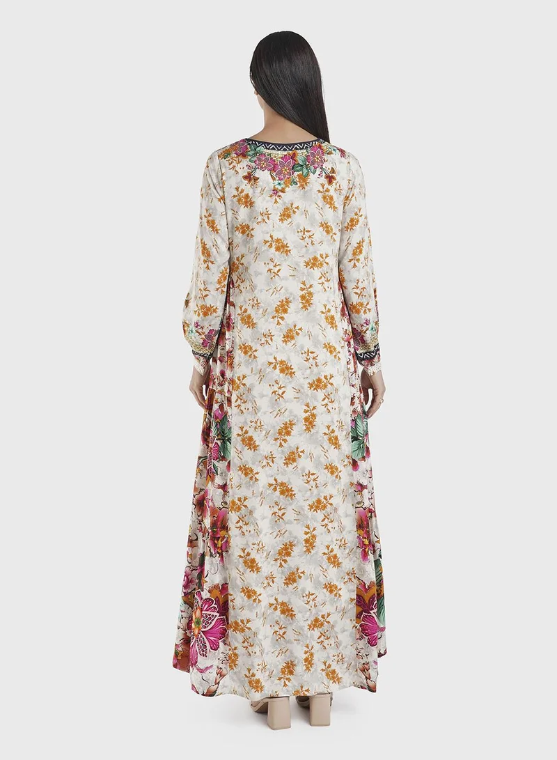 Kashkha  Viscose Beige Floral Tiered Jalabiya (VDU858) for Women | Best Price UAE